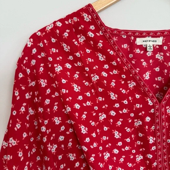 Max Studio Red Floral Tie Waist Angel Sleeve Kimono Style Blouse Size Large - Picture 3 of 11